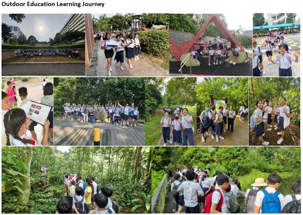 A collage of students in school uniforms exploring parks, nature trails, and outdoor areas during a learning journey.